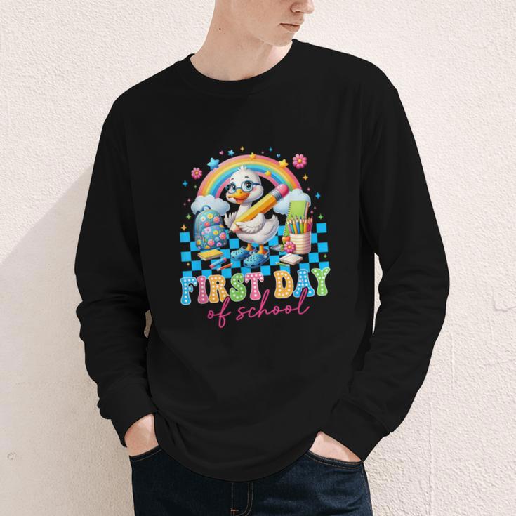 Happy First Day Of School Goose Cute Duck Back To School Youth Long Sleeve Tee Happy First Day Of School Goose Cute Duck Back To School Youth Long Sleeve Tee