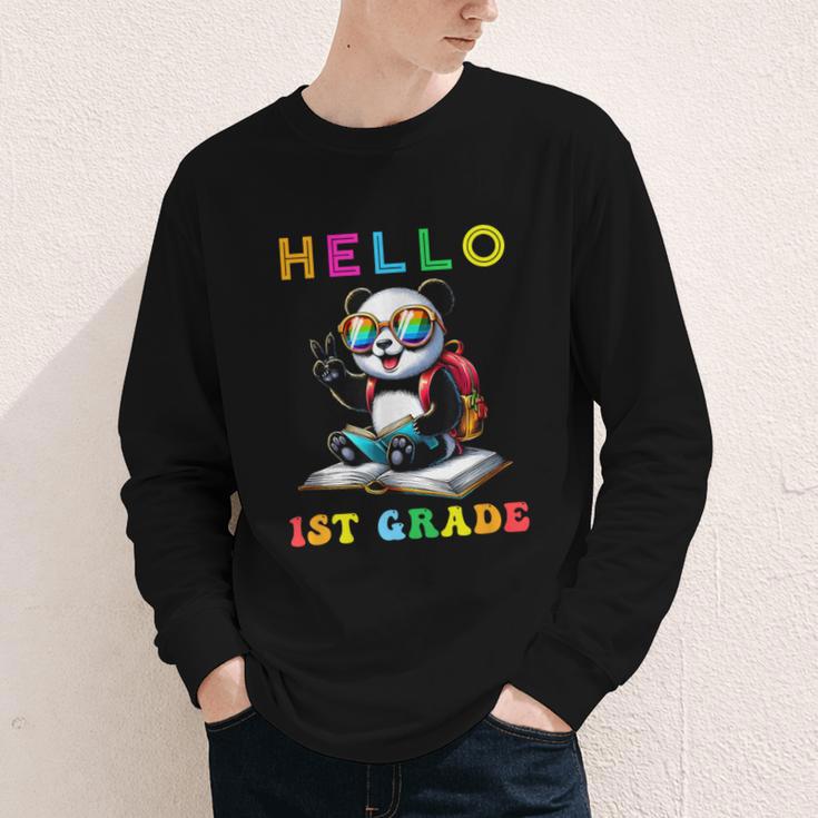 Hello First Grade Panda Lover Back To School Kids Boys Girls Youth Long Sleeve Tee