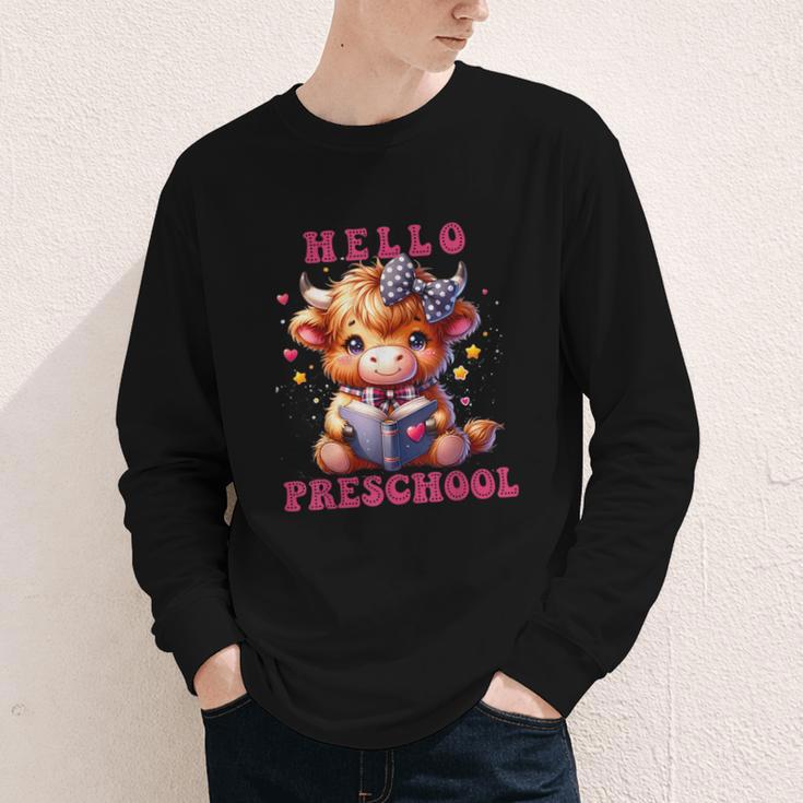 Hello Preschool Cute Highland Cow Lover Back To School Youth Long Sleeve Tee Hello Preschool Cute Highland Cow Lover Back To School Youth Long Sleeve Tee