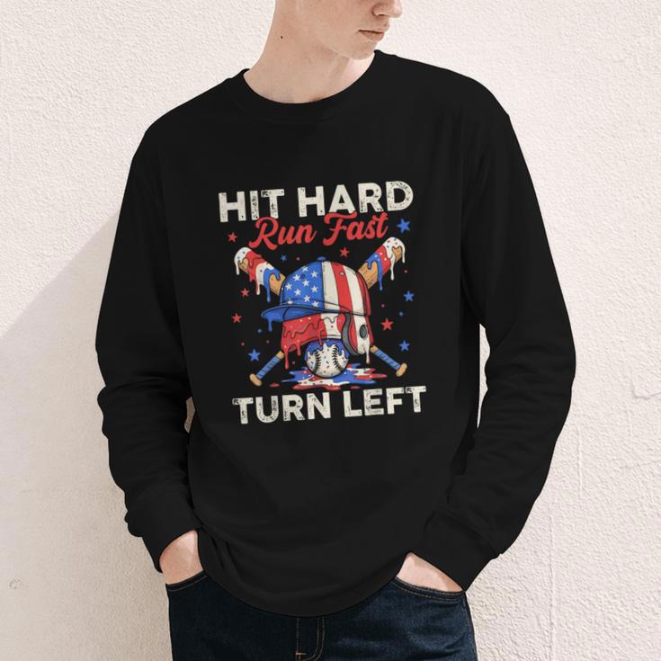 Hit Hard Run Fast Turn Left Baseball Cream Drip Crossed Bats Youth Long Sleeve Tee