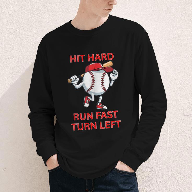 Hit Hard Run Fast Turn Left Baseball Player Youth Long Sleeve Tee Hit Hard Run Fast Turn Left Baseball Player Youth Long Sleeve Tee