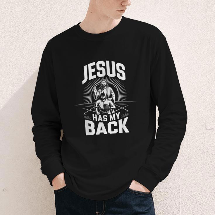 Jesus Has My Back Baseball Faith Motivation Tee Christian Youth Long Sleeve Tee