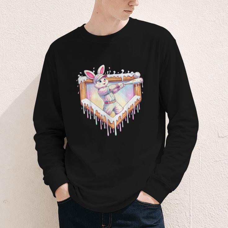 Kids Happy Easter Bunny Playing Baseball Boy Ice Cream Drip Youth Long Sleeve Tee