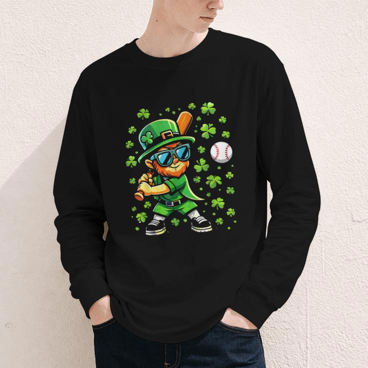 Leprechaun Playing Baseball Happy St Patricks Day Men Boys Youth Long Sleeve Tee