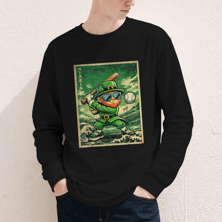 Leprechaun Playing Baseball Japanese Art St Patricks Day Youth Long Sleeve Tee
