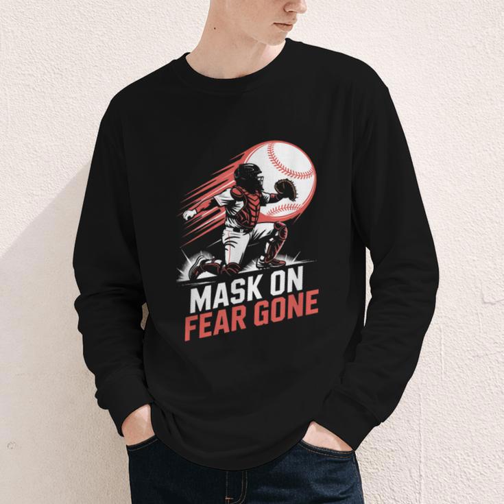 Mask On Fear Gone Baseball Catcher Softball Youth Long Sleeve Tee Mask On Fear Gone Baseball Catcher Softball Youth Long Sleeve Tee