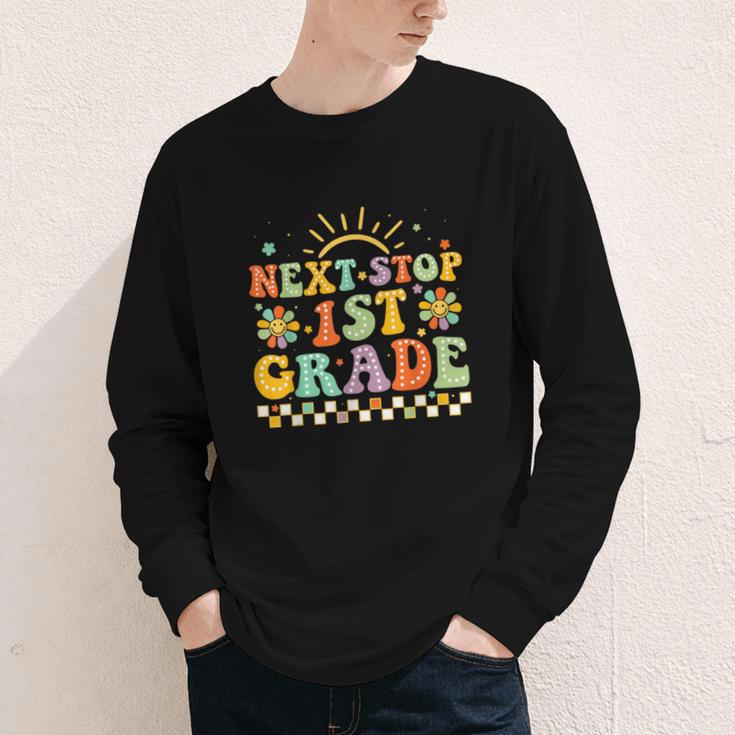 Next Stop 1st Grade Groovy Retro First Grade Back To School Youth Long Sleeve Tee Next Stop 1st Grade Groovy Retro First Grade Back To School Youth Long Sleeve Tee