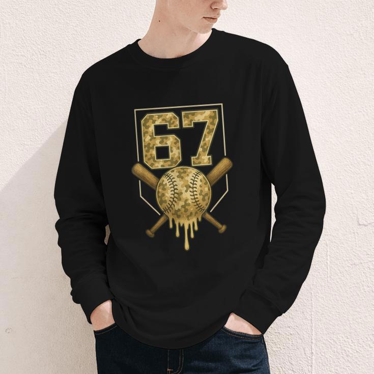 Number 67 Baseball Drip Camo Six Seven Meme Boys Kids Youth Long Sleeve Tee