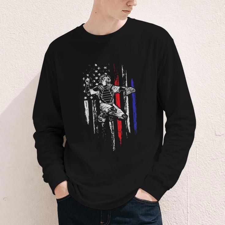 Patriotic Baseball Catcher American Flag Sports Tee Youth Long Sleeve Tee