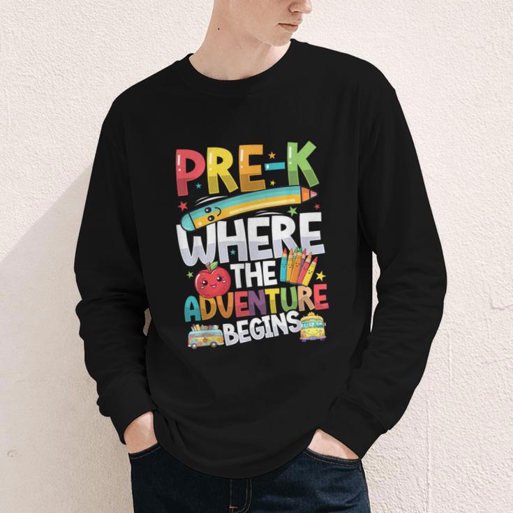 Pre-K Where The Adventure Begins First Day & Back To School Youth Long Sleeve Tee Pre-K Where The Adventure Begins First Day & Back To School Youth Long Sleeve Tee