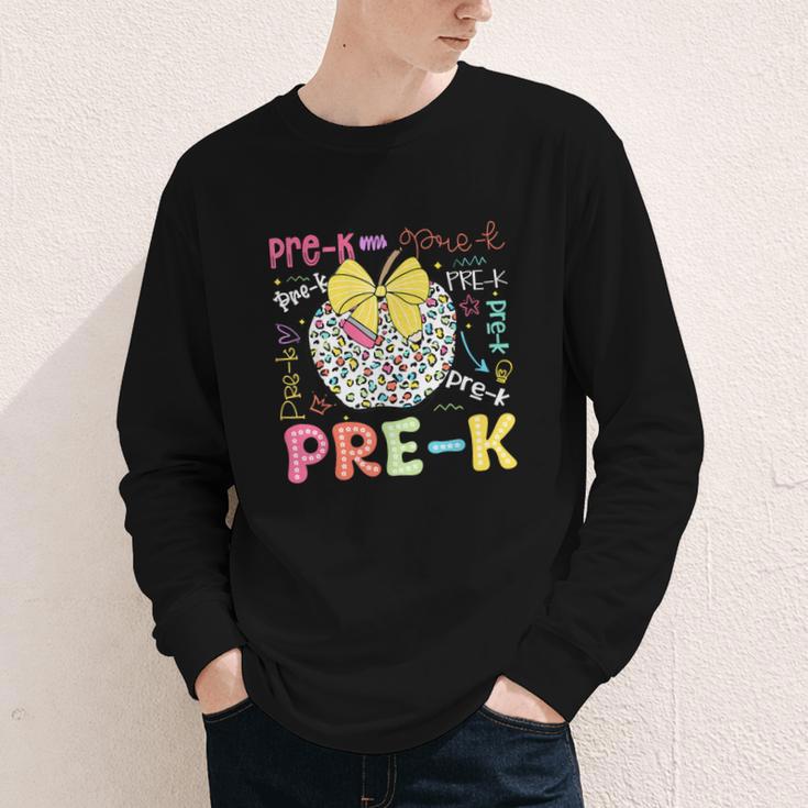 Pre-K Typography First Day Back To School Leopard Apple Youth Long Sleeve Tee Pre-K Typography First Day Back To School Leopard Apple Youth Long Sleeve Tee