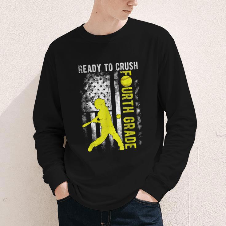 Ready To Crush Fourth Grade Softball USA Flag Back To School Youth Long Sleeve Tee