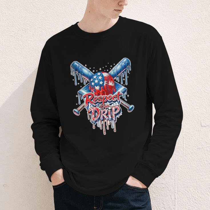 Respect The Drip Baseball American Flag Ice Cream Drip Youth Youth Long Sleeve Tee