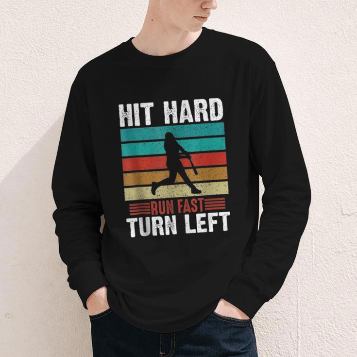 Retro Hit Hard Run Fast Turn Left Baseball Lover Youth Long Sleeve Tee