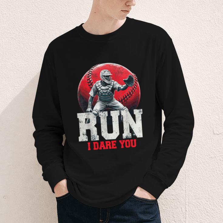 Run I Dare You Baseball Ball Player Catcher Coach Tee Youth Long Sleeve Tee