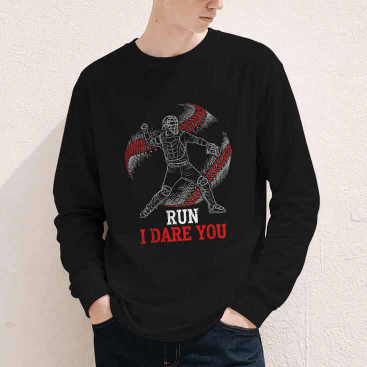 Run I Dare You Baseball Catcher Graphic Players Fans Youth Long Sleeve Tee