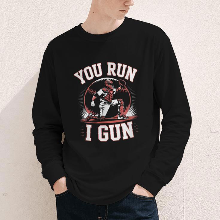 You Run I Gun Baseball Catcher Softball Player Youth Long Sleeve Tee
