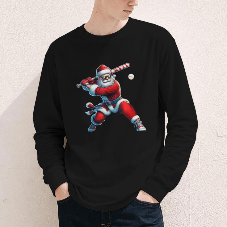 Santa Playing Baseball Men Boys Christmas Baseball Player Youth Long Sleeve Tee