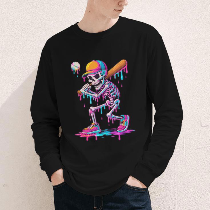 Skelton Playing Baseball Halloween Baseball Drip Boys Kids Youth Long Sleeve Tee