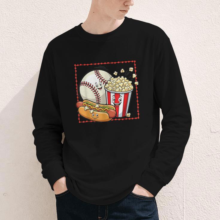 Smiling Baseball Popcorn And Hot-Dog Cartoon Apparel Youth Long Sleeve Tee