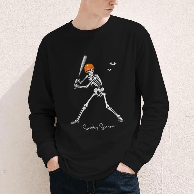 Spooky Season Skeleton Baseball Player Halloween Batter Youth Long Sleeve Tee