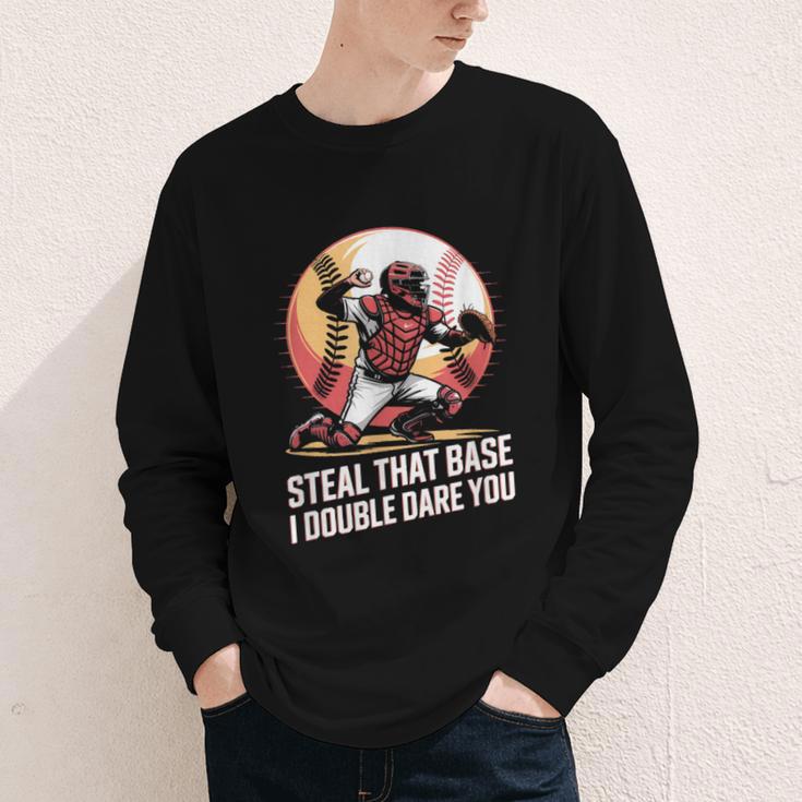 Steal That Base I Double Dare You Baseball Catcher Youth Long Sleeve Tee