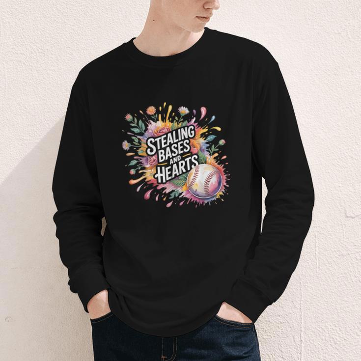 Stealing Bases And Hearts Baseball Puns Sports Youth Long Sleeve Tee