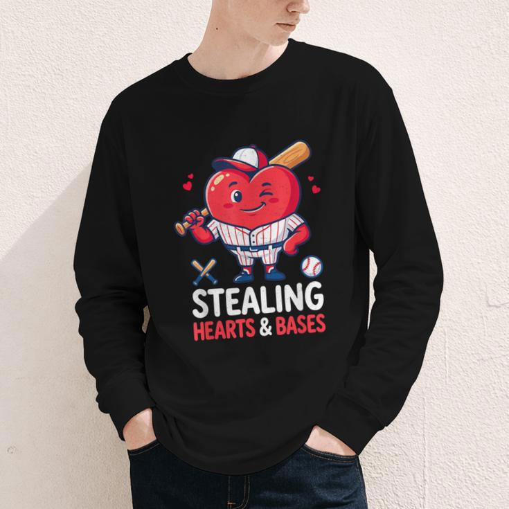 Stealing Hearts And Bases Baseball Player Valentine's Day Youth Long Sleeve Tee