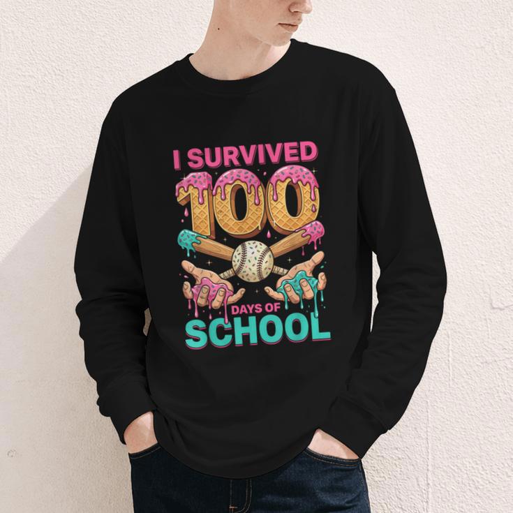 I Survived 100 Days Of School Baseball Ice Cream Drip Youth Long Sleeve Tee