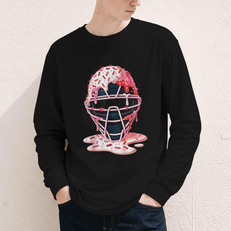 Valentine Baseball Catcher Mask Ice Cream Drip Tee For Boys Youth Long Sleeve Tee