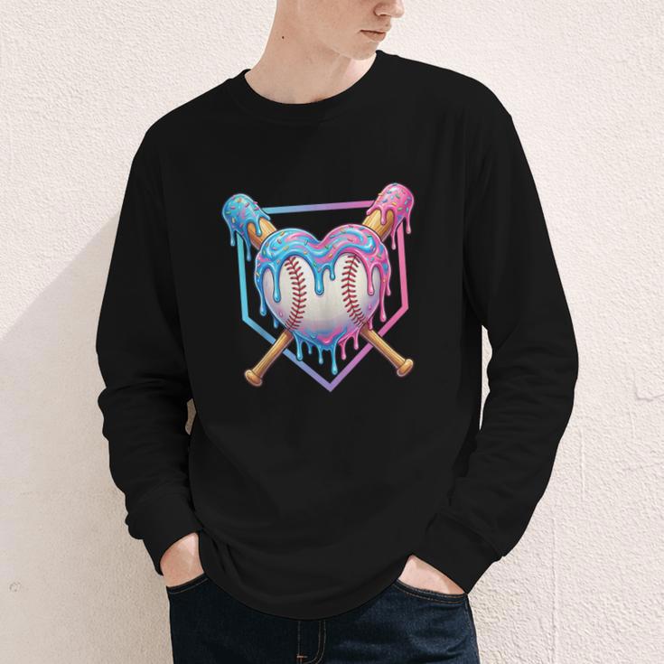 Valentines Baseball Heart Dripping Ice Cream Gen Z Alpha Youth Long Sleeve Tee