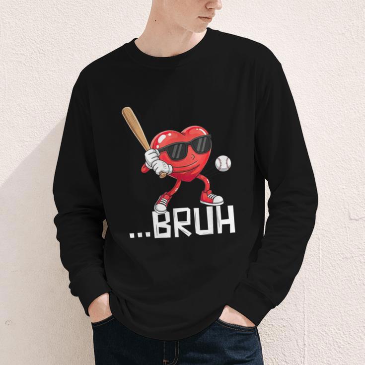 Valentines Bruh Red Heart Playing Baseball Men Boys Kids Youth Long Sleeve Tee