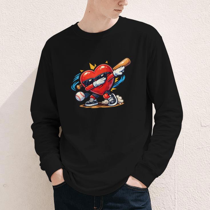 Valentines Day Baseball Dabbing Red Heart Love Boys Youth Long Sleeve Tee