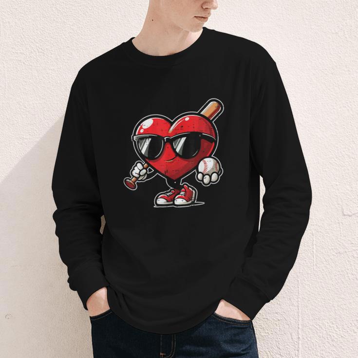 Valentines Day Baseball Heart Bat Sunglasses Men Boys Kids Youth Long Sleeve Tee