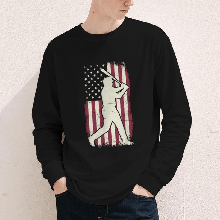Vintage American Flag Baseball Batter Patriotic Home Run Youth Long Sleeve Tee Vintage American Flag Baseball Batter Patriotic Home Run Youth Long Sleeve Tee