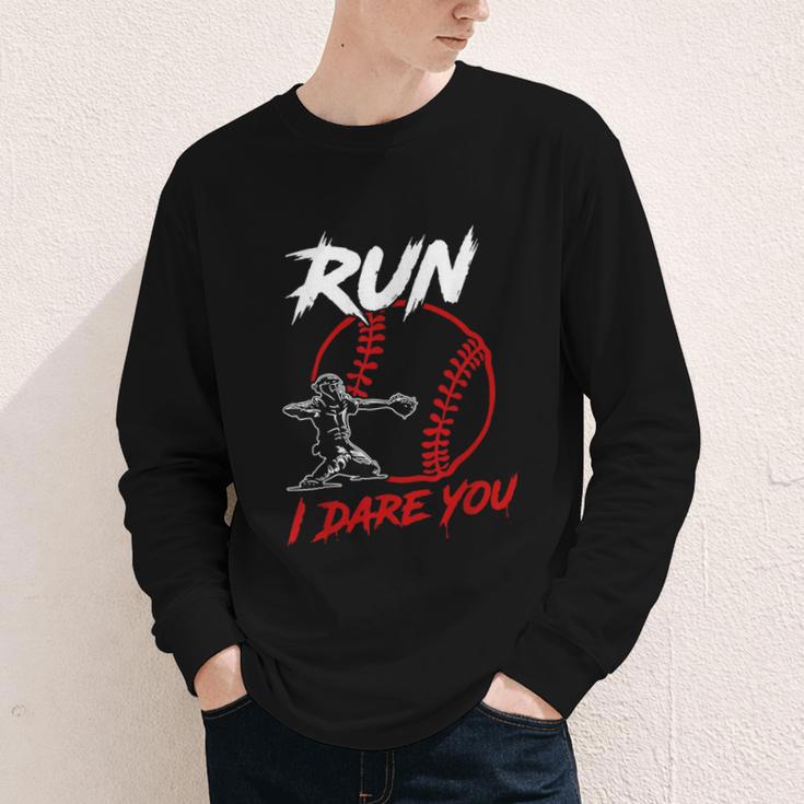 Vintage Baseball Catcher Boys Go Ahead Run I Dare You Youth Long Sleeve Tee