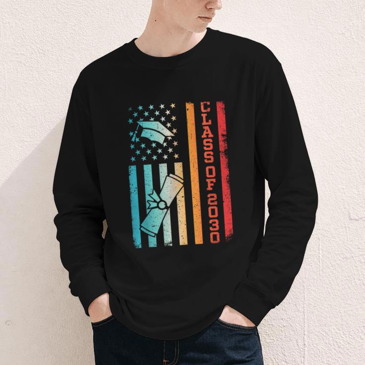Vintage Class Of 2030 Graduation Back To School USA Flag Youth Long Sleeve Tee