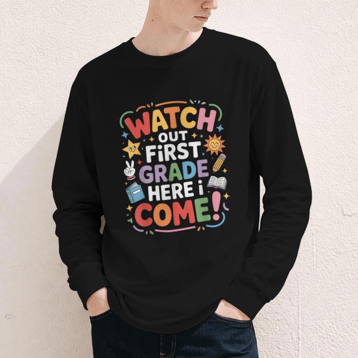 Watch Out First Grade Here I Come Back To School Learner Youth Long Sleeve Tee Watch Out First Grade Here I Come Back To School Learner Youth Long Sleeve Tee