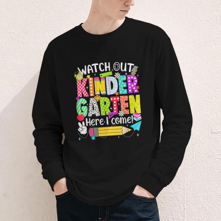 Watch Out Kindergarten Here I Come Kinder Back To School Youth Long Sleeve Tee Watch Out Kindergarten Here I Come Kinder Back To School Youth Long Sleeve Tee