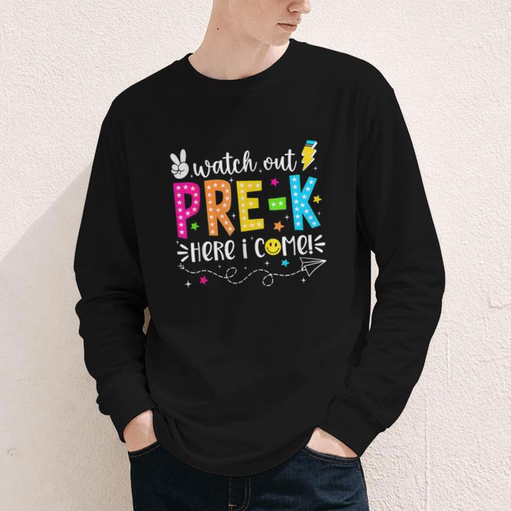Watch Out Pre-K Here I Come Back To School Boys Girls Kids Youth Long Sleeve Tee Watch Out Pre-K Here I Come Back To School Boys Girls Kids Youth Long Sleeve Tee