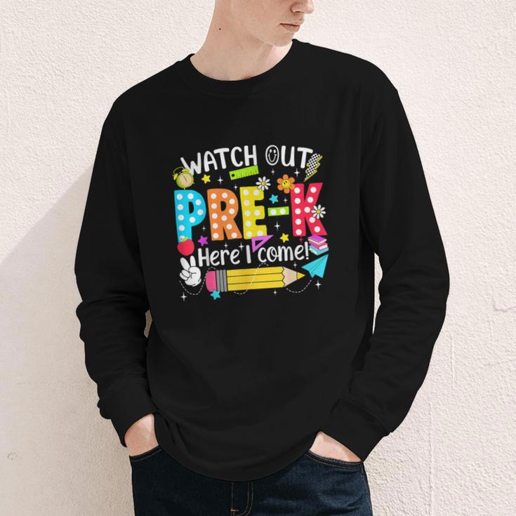 Watch Out Pre-K Here I Come Kinder Back To School Pre-K Kids Youth Long Sleeve Tee