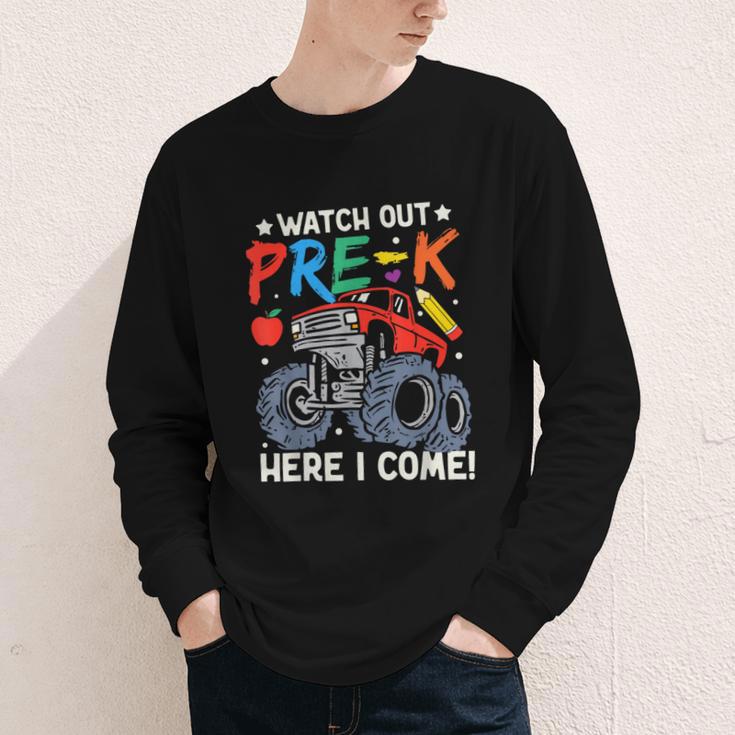 Watch Out Pre-K Here I Come Monster Truck Back To School Youth Long Sleeve Tee