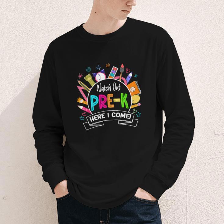 Watch Out Pre-Kindergarten Here I Come Back To School Pre-K Youth Long Sleeve Tee