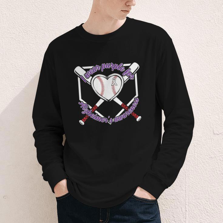I Wear Purple For Alzheimers Awareness Baseball Heart Ribbon Youth Long Sleeve Tee
