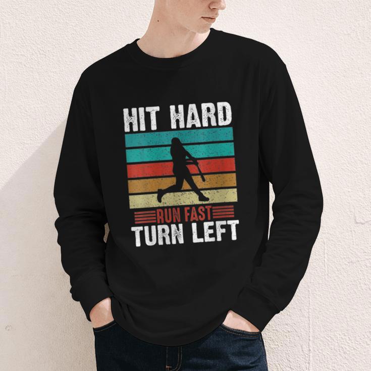 Women's Retro Hit Hard Run Fast Turn Left Baseball Lover Youth Long Sleeve Tee