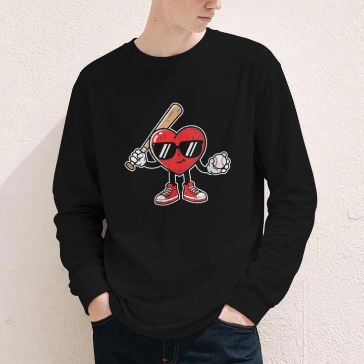 Women's Valentines Day Heart Baseball Player Sports Boys Kids Men Youth Long Sleeve Tee