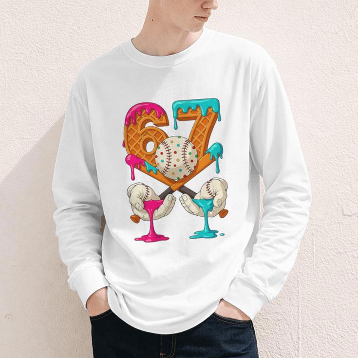 67 Ice Cream Drip Baseball Number 67 Player 67th Birthday Premium Tri-Blend Youth Long Sleeve Tee