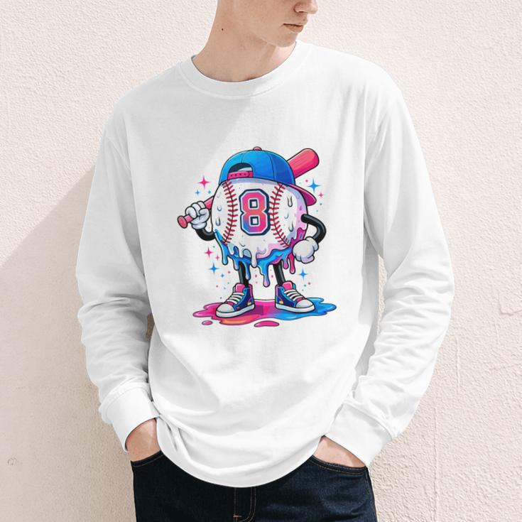 Baseball Drip 8th 8 Year Old Birthday Boys Pitcher Player Youth Long Sleeve Tee