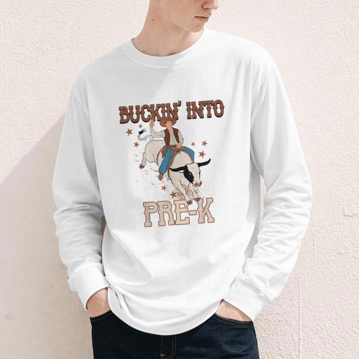 Buckin' Into Pre-K Back To School Cowboy Western Youth Long Sleeve Tee Buckin' Into Pre-K Back To School Cowboy Western Youth Long Sleeve Tee