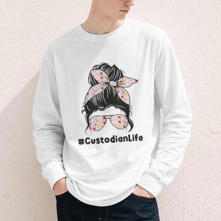 Custodian Life Messy Bun Hair Glasses Leopard Back To School Youth Long Sleeve Tee Custodian Life Messy Bun Hair Glasses Leopard Back To School Youth Long Sleeve Tee